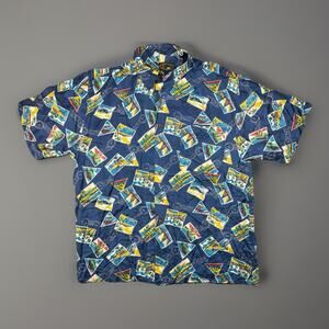 1099 Silk Hawaiian Camp Shirt XL Blue Tropical Postcard Print Button Up 1099